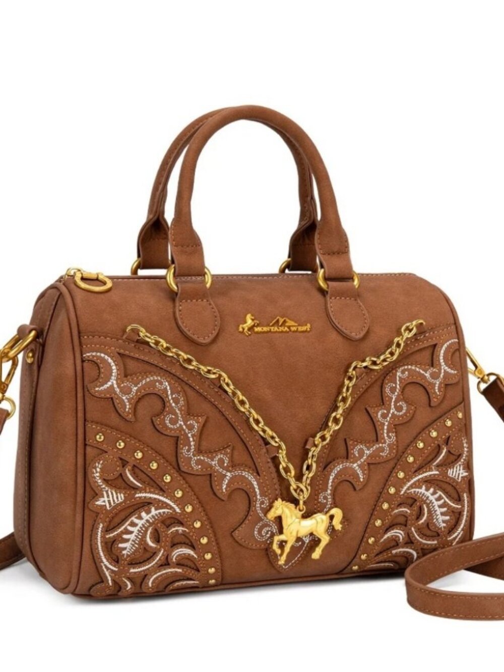 Montana West Western Horse Charm Satchel Crossbody Bag - Brown - Picture 3 of 8